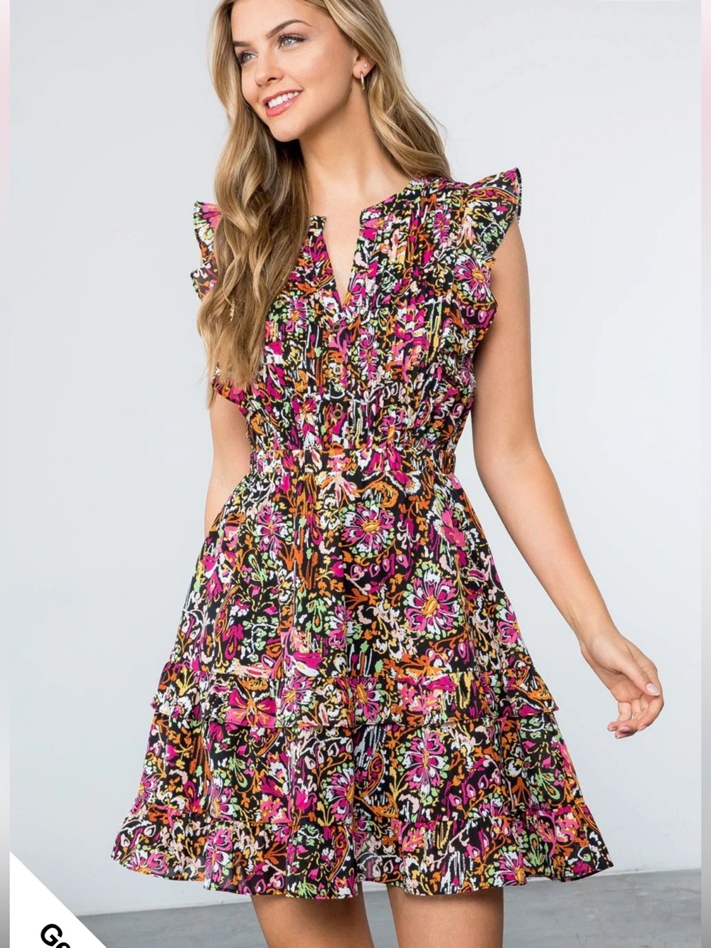 THML Addison Floral Ruffle Tiered Dress in Black & Pink